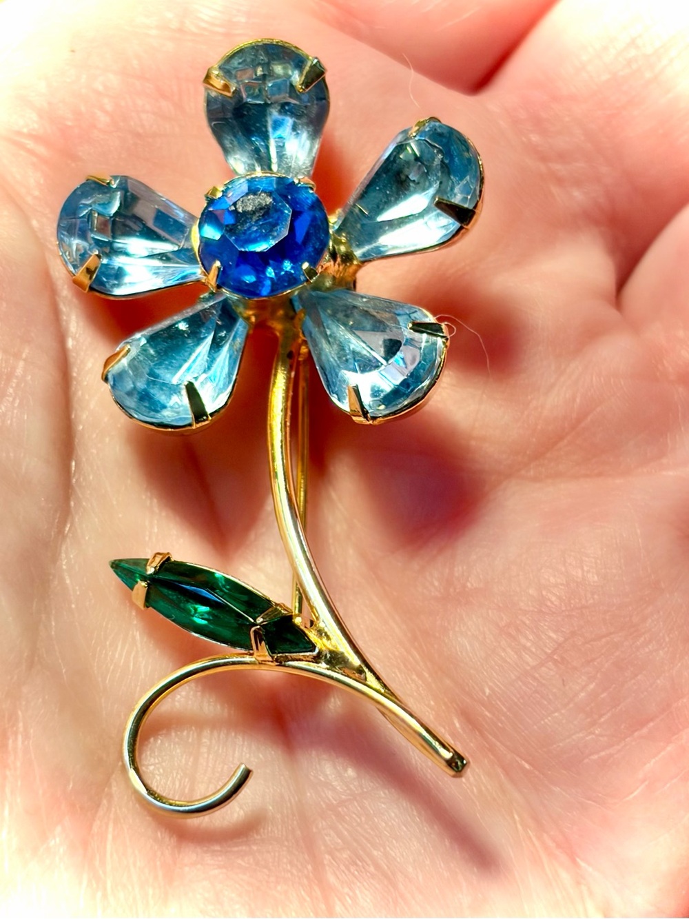 Gold-Tone Blue Flower Brooch with Green Accent - Unbranded